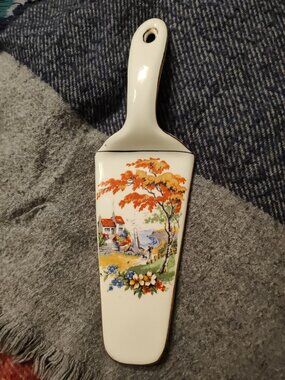 Antique H&K Tunstall Cake Server Fall Scene Man Dog England